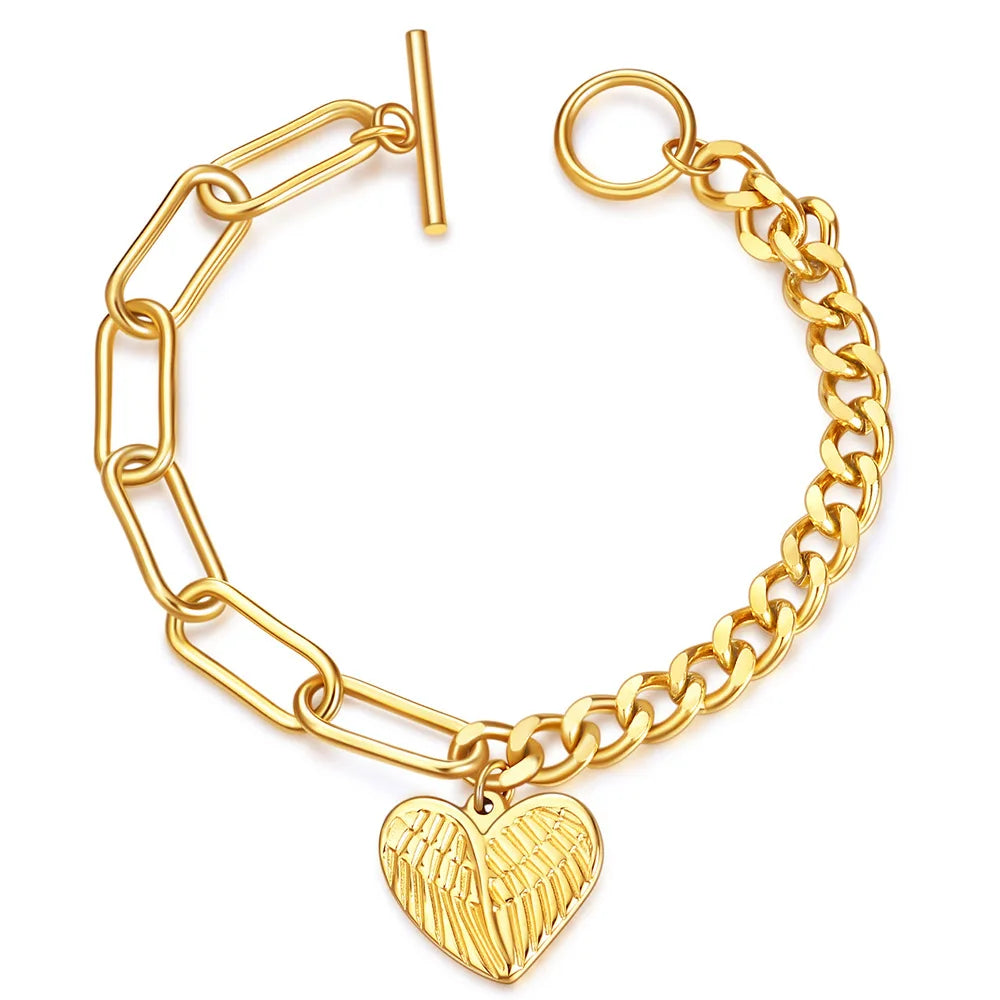 Zhongzhe Forever Heart Feather OT Charm Bracelets Chain PVD 18k Gold Plated Stainless Steel Waterproof Anti Tarnish Bracelet