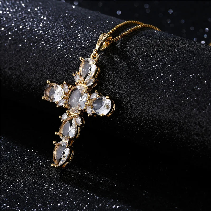 Aimgal Fashion Jewelry Brass Plated 18K Gold 5A Zirconia Cross Pendant Necklace Hip-hop Punk Style Trendy for Parties Gifts