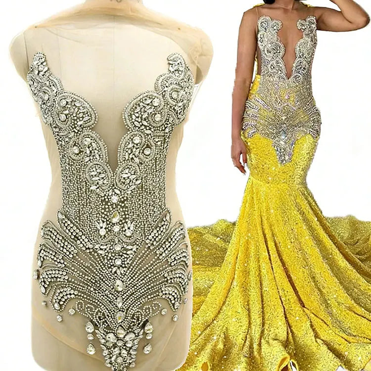 WDP-245-1 Colorful Decorated Appliques Bodice Handmade Rhinestone Applique for Party Dress