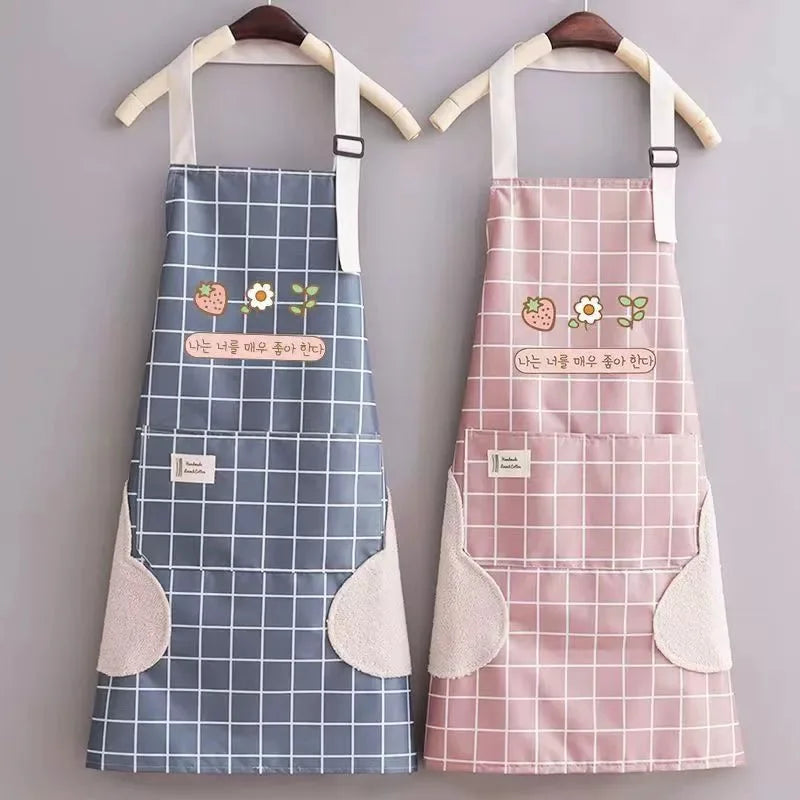Korean Style Cotton PE Bib Apron Plaid Waterproof Design for Home Kitchen Gardening Work Salon Cleaning Coffee Milk Tea Shop