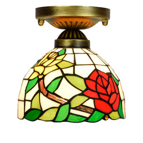 Tiffany Style Stained Glass Rose Semi-flush Mounted Ceiling Light Bedroom Living Room bar Dining Room Ceiling Chandelier Lamps
