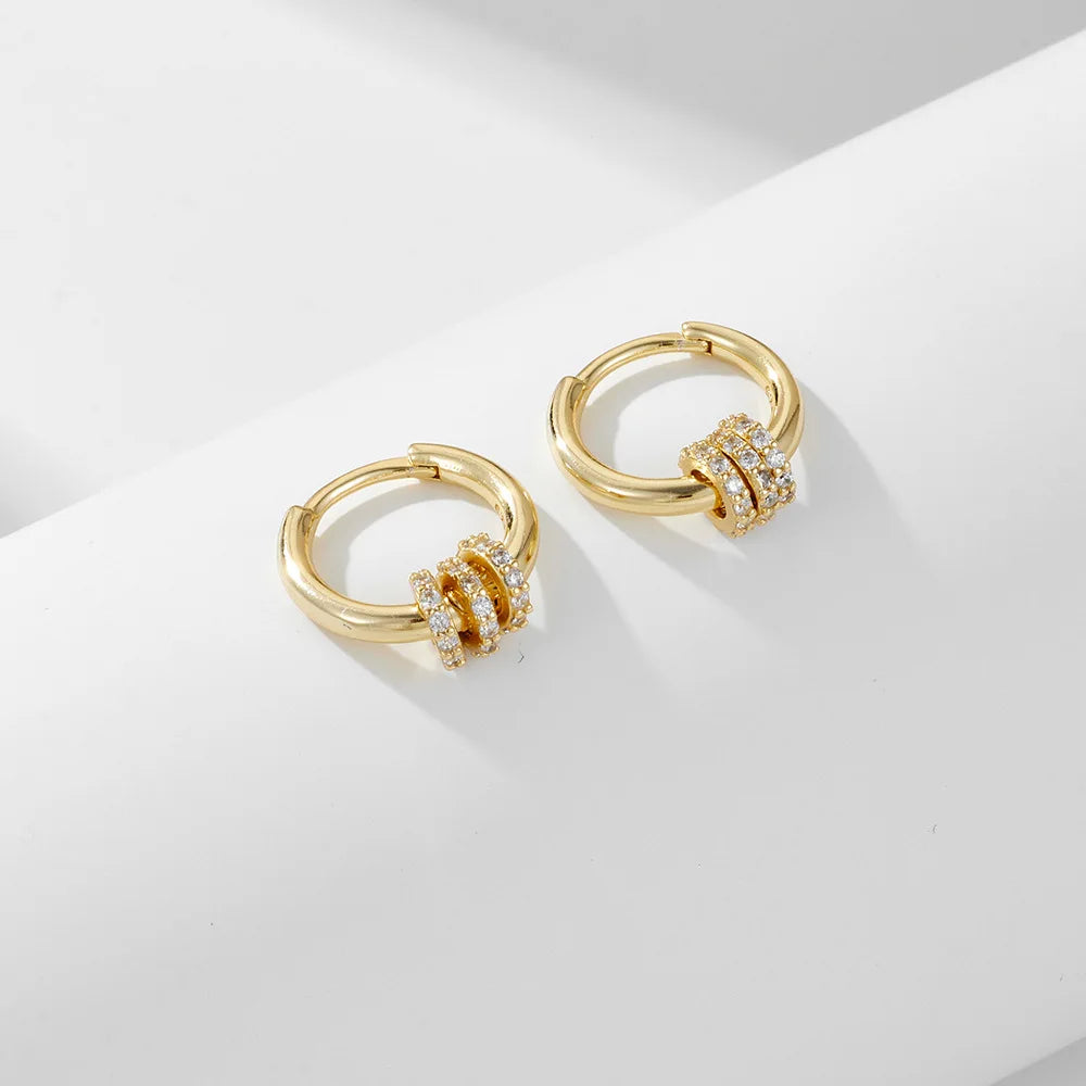 Mini Bead Zircon Ear Buckle Earrings S925 Sterling Silver 14K Gold Plated Three Circle Charms Zirconia Tiny Hoop Earrings Women