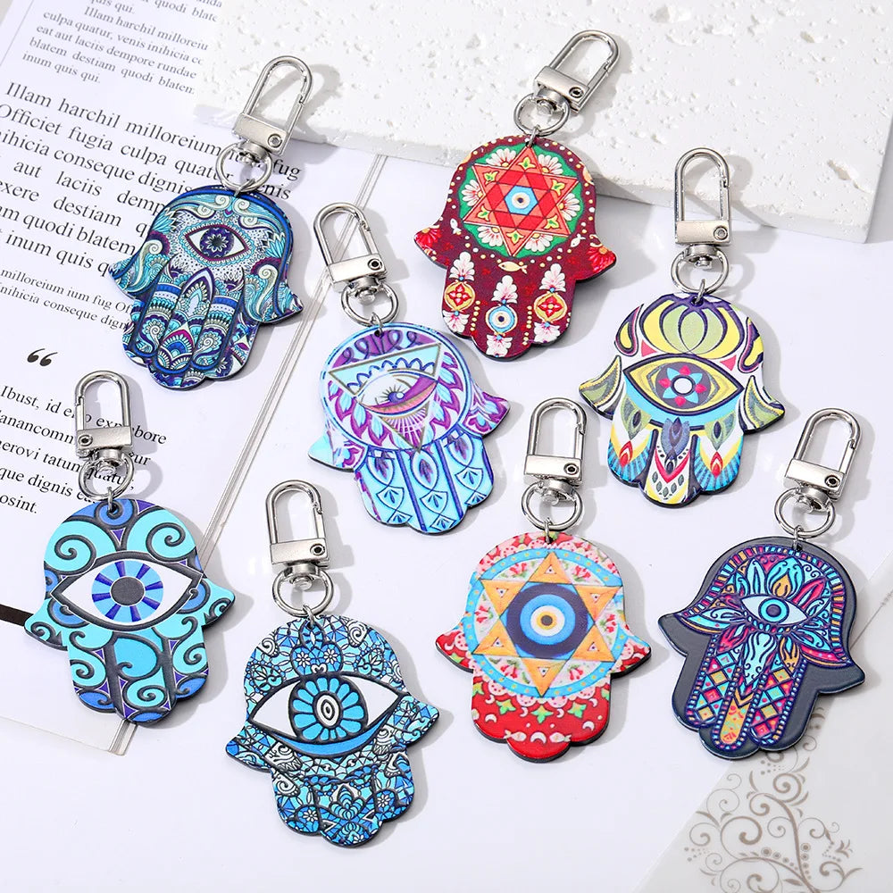 Hot Sale Board Enamel Fatima Hand Hamsa Palm Pendant Zinc Alloy UV Printed Charm Keychain for Souvenirs Gifts