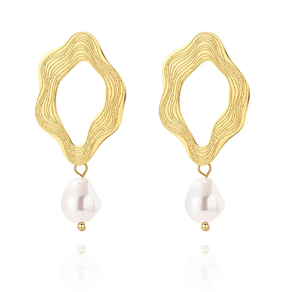 Creative Fashion Jewelry Women Hollow Drop Pendent Geometric Pearl Earrings