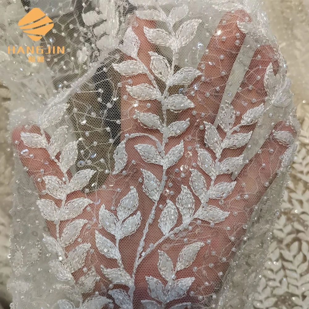 Bridal Wedding Leaf Design White Sequin Tulle Beaded Embroidery Tulle Lace Fabric