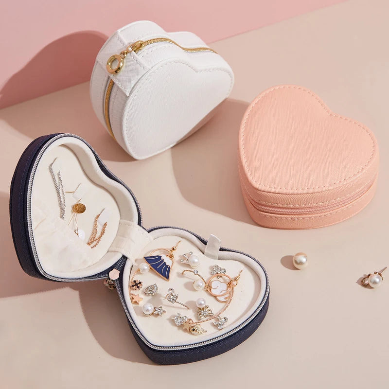 Custom Logo Leather Jewelry Box Zipper Closure Jewelry Organizer Portable Travel Heart Shape Pu Jewelry Case