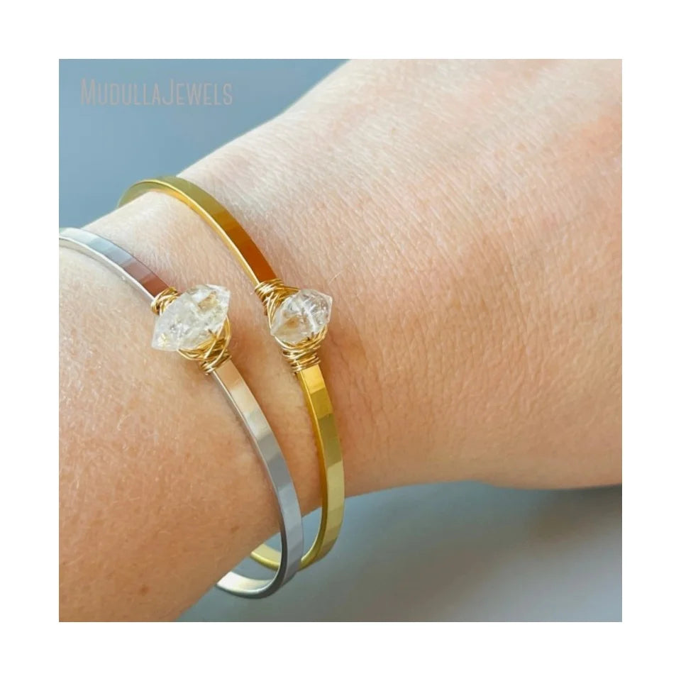 BM46696 Natural Crystal Herkimer Diamond Quartz Wire Wrapped Cuff Bangle Adjustable Gold Plated Stackable Bracelet Minimal Gift