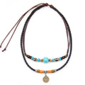 Personality Retro Turquoise Bead Double Necklaces Layer Leather Rope Coin Charms Choker Jewelry