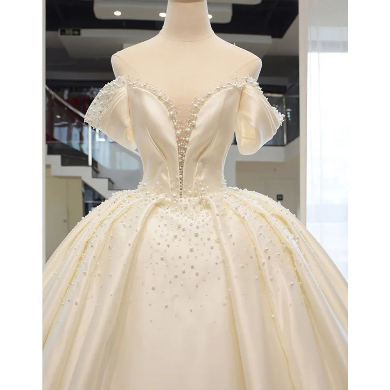 AL1115 Vintage Satin Wedding Dress 2022 New Style One-Shoulder Big Tail French Light White Crystal Ruffles Decoration for Brides