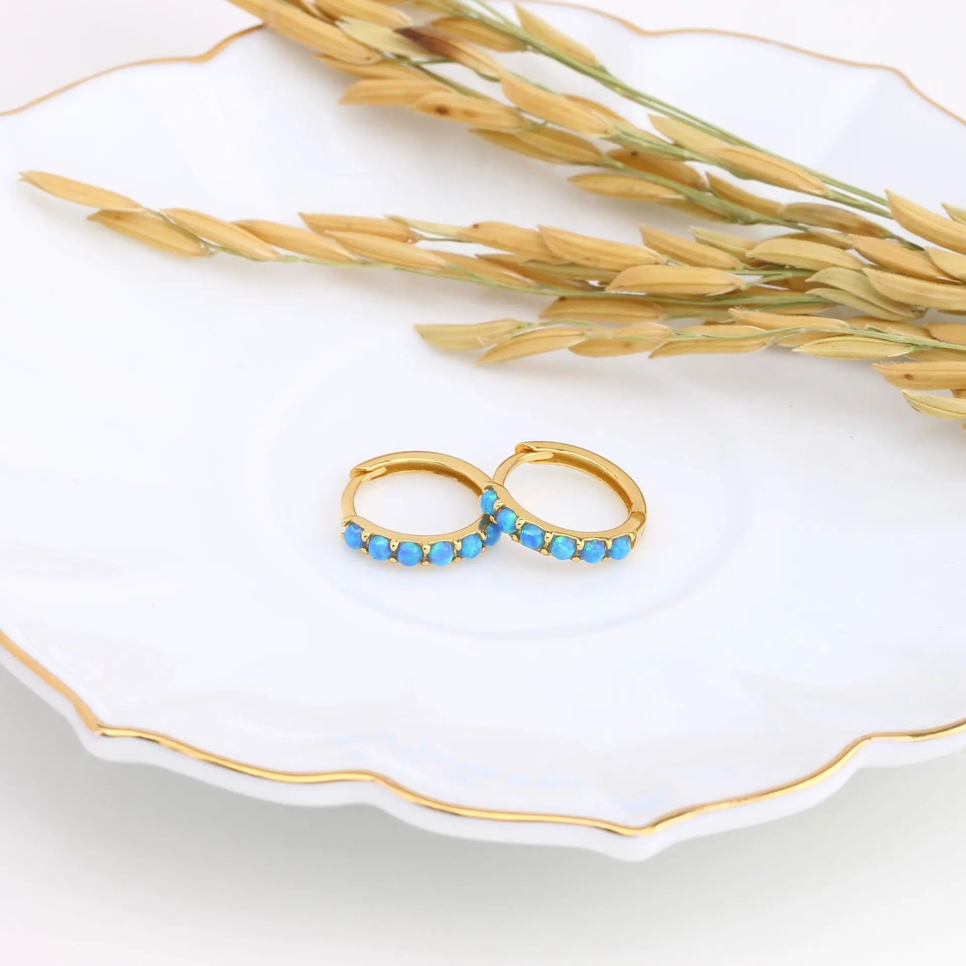 925 Silver Gold Plated Trendy Blue Opal Hoop Earrings-Gift for Party