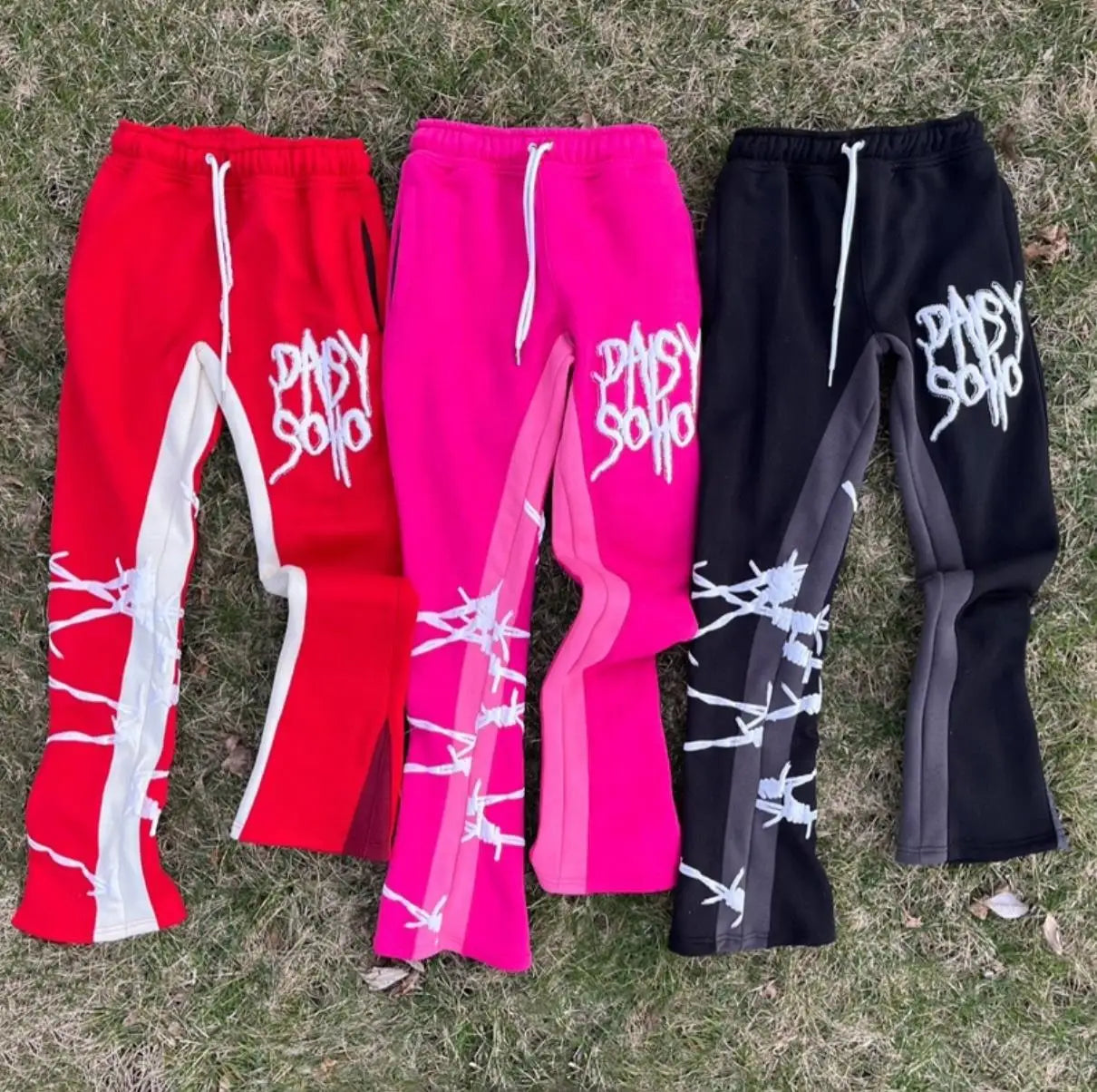 Custom Logo Fleece Joggers Sweatpants 100% Cotton 3D Puff Print French Terry Baggy Stacked Flare Sweat Pants Men