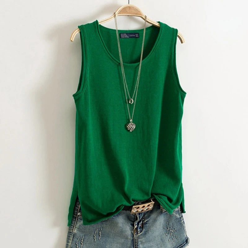 Cotton and Linen Camisole Women's 2023 Summer New I-shaped Sleeveless Knitted Bottoming Shirt Short Outer Wear Loose Top Solid