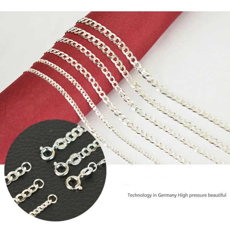 Italian Cut Design Shiny Polished Rhodium Plated Zircon Facets Curb/Cuban Chain Necklace 2MM 100% 925 Sterling Silver Women Men