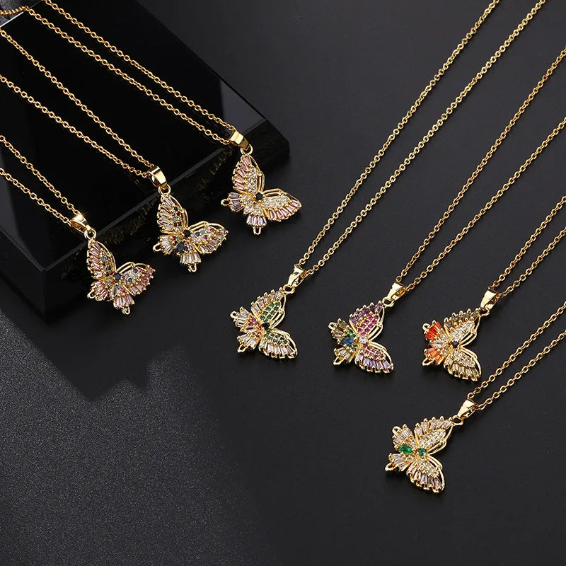 Dainty 18K Gold Plated Women Colorful AAA Cubic Zirconia Butterfly Pendant Necklace Jewelry