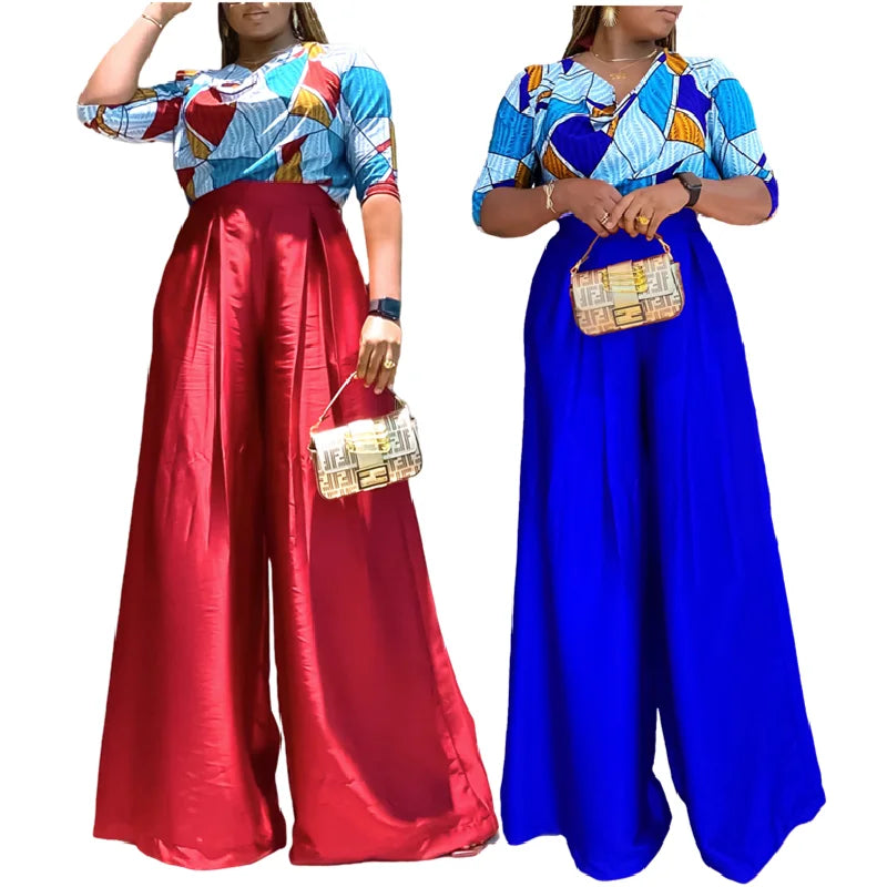 D3279 Latest Design Chic Outfits for Women Short Sleeve Printed Shirt and Loose Wide Leg Pants Set Two Piece Set Women Clothing