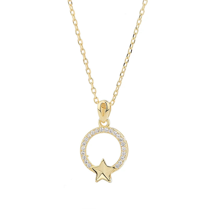 New 925 Sterling Silver Hollow Out Round Star 18k Gold Plated Pendant Women's Necklace Jewelry