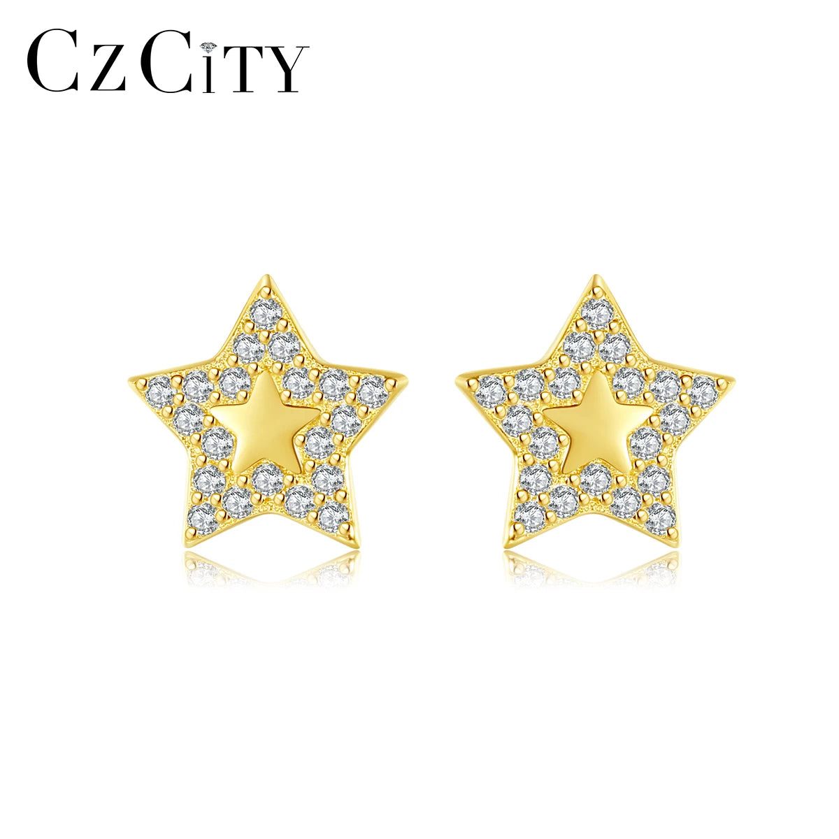 CZCITY Fashion Girl Star CZ Diamond Silver 925 Sterling Cz Cubic Zirconia Gold 14K Stud Star Earrings