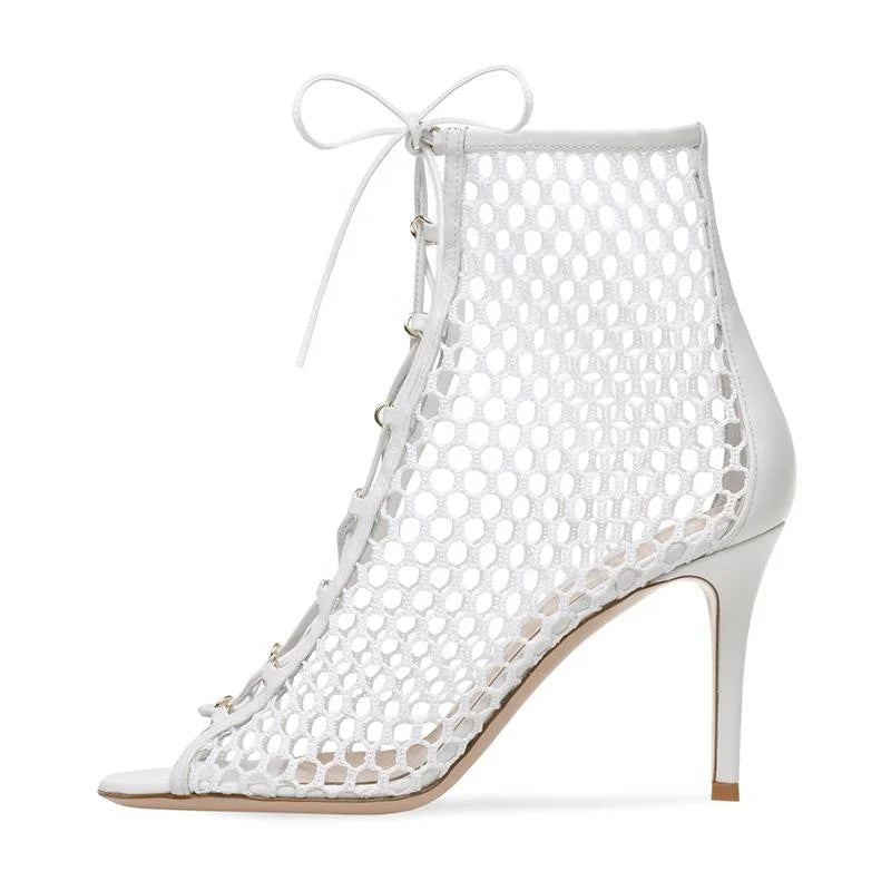 2020 Tailingjia Latest High Heel White Fishnet Ankle Boots for Women Heeled Open Toe Summer Heels Short Boots Large Size