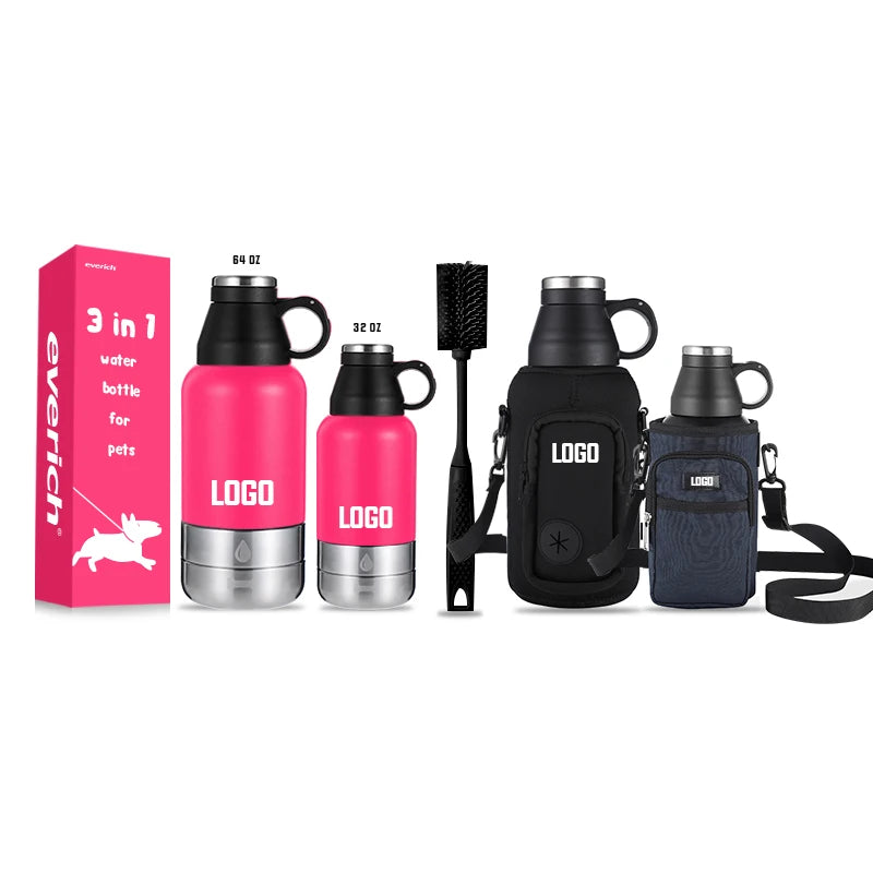 Everich Hot Selling 32/64oz Double Wall Stainless Steel Outdoor Dog Water Bottle with 2 Detachable Dog Bowls Easy to Carry
