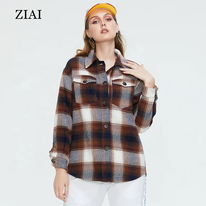 Wholesale Custom Woolen Check Shirt Jacket Casual Fashion Warm Autumn Coat Windproof Women Woolen Jacket