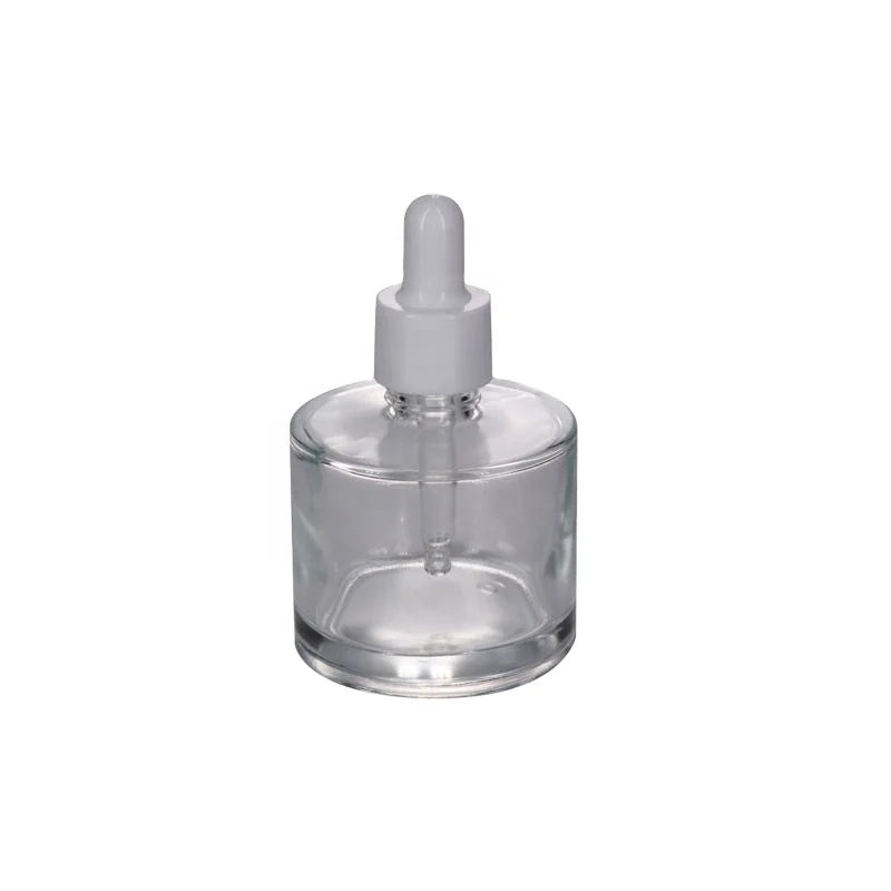 Custom Private Label European Round Flat Cosmetic Glass Cream Dropper Bottle 50ml Volume with Pump Sprayer Seal