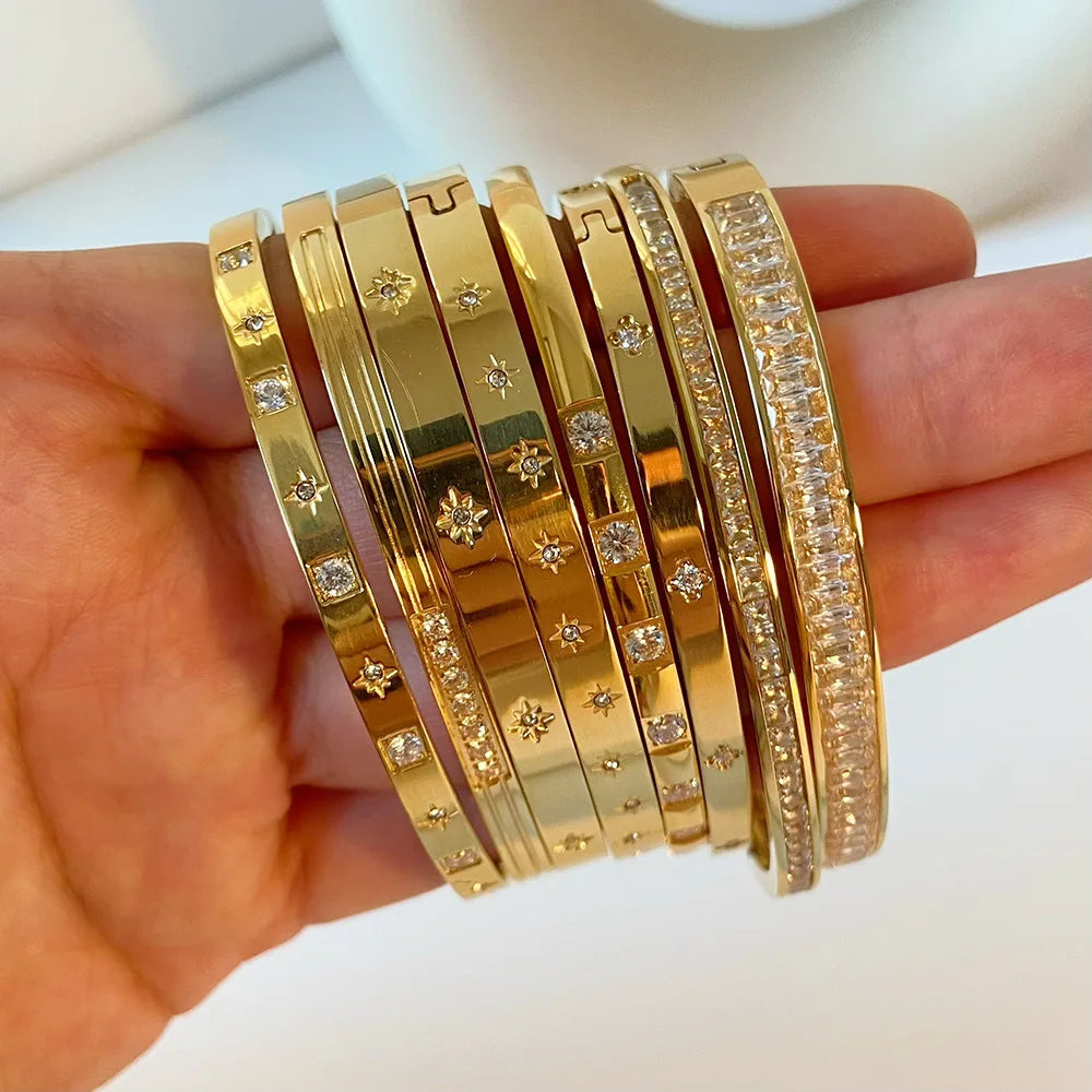 Women Stainless Steel Gold Bracelet Set Trendy Peace Shape Bangles with Bezel Setting Gift Gold Color