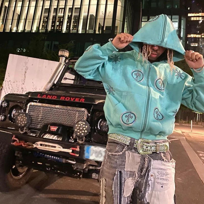 Hip Hop Men Fashion Streetwear Pullover Zip up Hoodie Design Rhinestone Double Layer Hoodie Custom Logo Full Zip up Hoodie