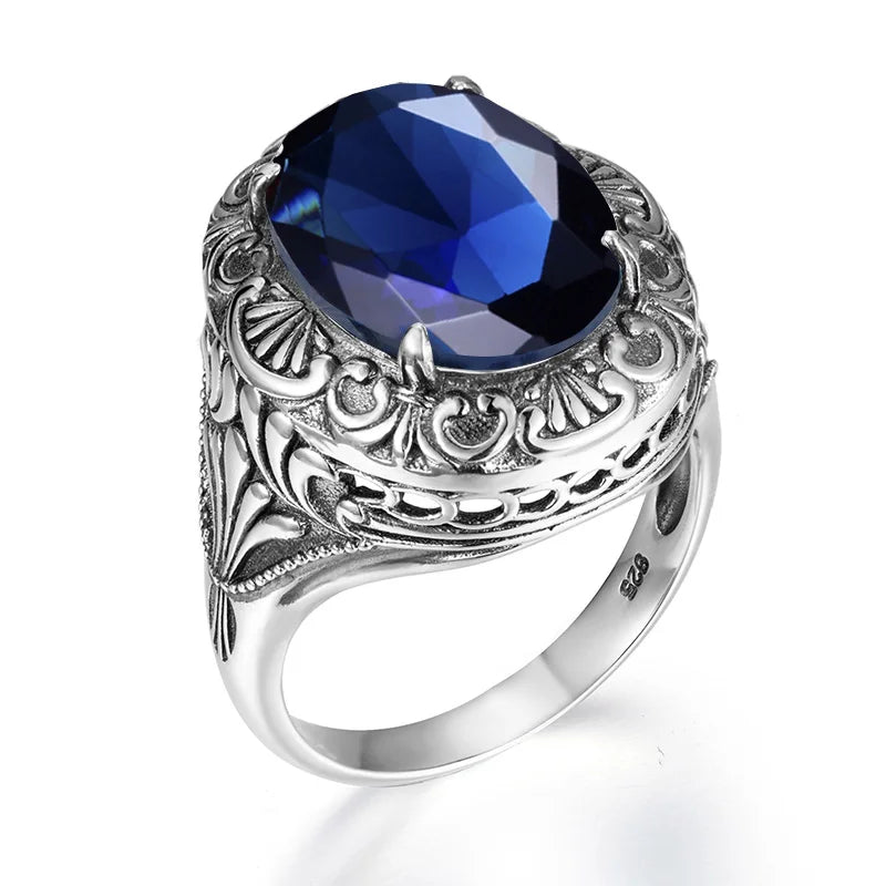 Religious Sapphire Designer Antique Fine Botanical Pattern Father Husband Gift Anillos Hombre Jewelry Silver Ring Men Stone