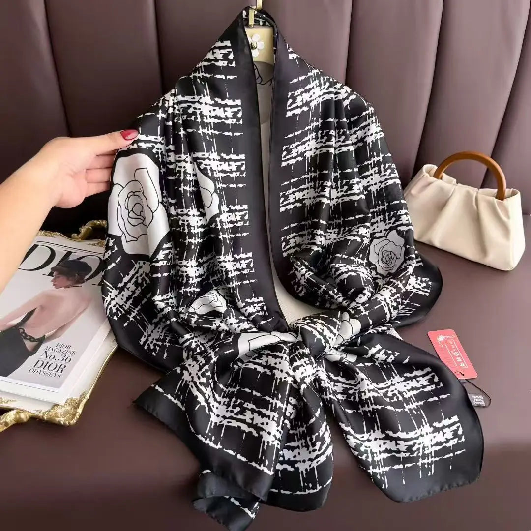 Hot Selling Fashion Ladies Luxury Designer Long Large Polyester Silk Scarf 180*85cm Elegant Flower Printed Women Scarf Shawls