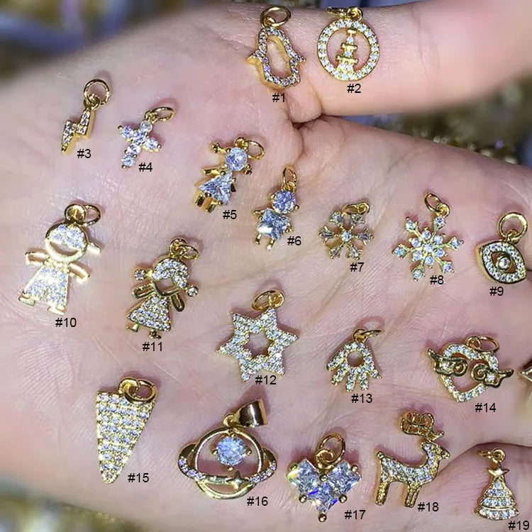 CZ7931 18k Gold Plated Mini Clear Cubic Zirconia Triangle Charm Tiny Girl Boy Heart Hand Deer Charm Pendants for Jewelry Making