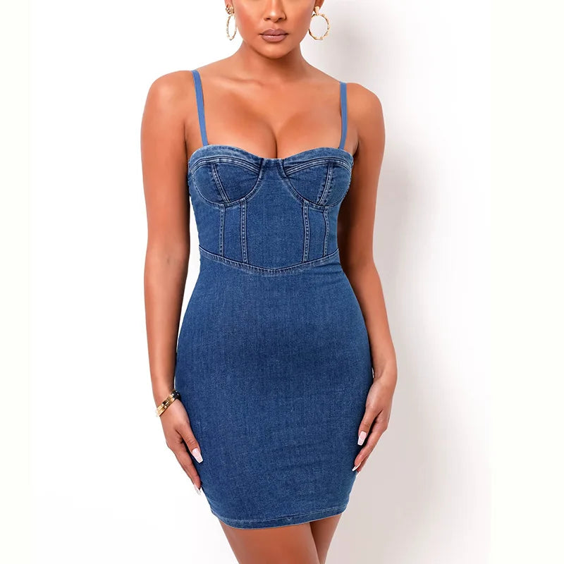 Sweetheart Neck Sleeveless Denim Dress Women Spaghetti Strap Corset Bodycon Mini Jean Dress for Club Party