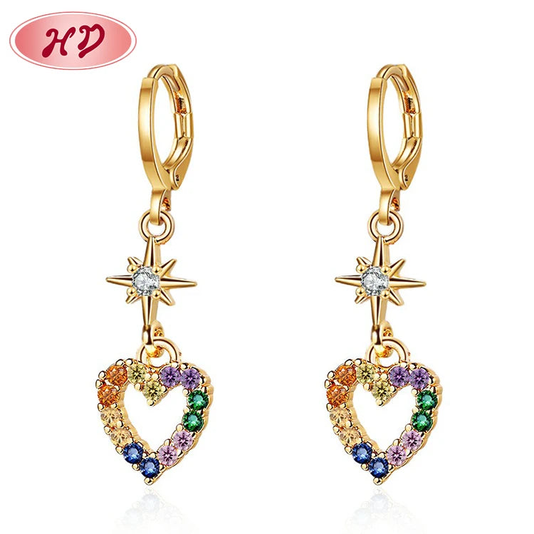 Factory Direct Jewelry Wholesale Lobe Piercing Ear Ring Bulk Lovely Heart Brass Long Drop Hypoallergenic Earrings for Girls