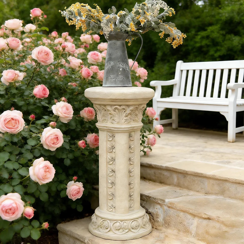 Leaf-Carved Resin Column Pedestal - Stone-Effect Ornate Classical Base for Farmhouse Patio Decor & Floral Arrangement Displays