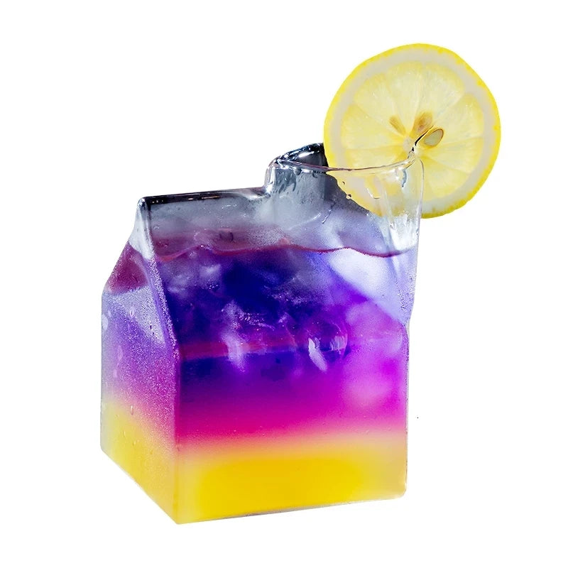 Customizable Logo Japanese Style Clear Juice Cups Creative Glass Milk Box Tea Cups Straw Wholesale Juice Blender Cups Saucers