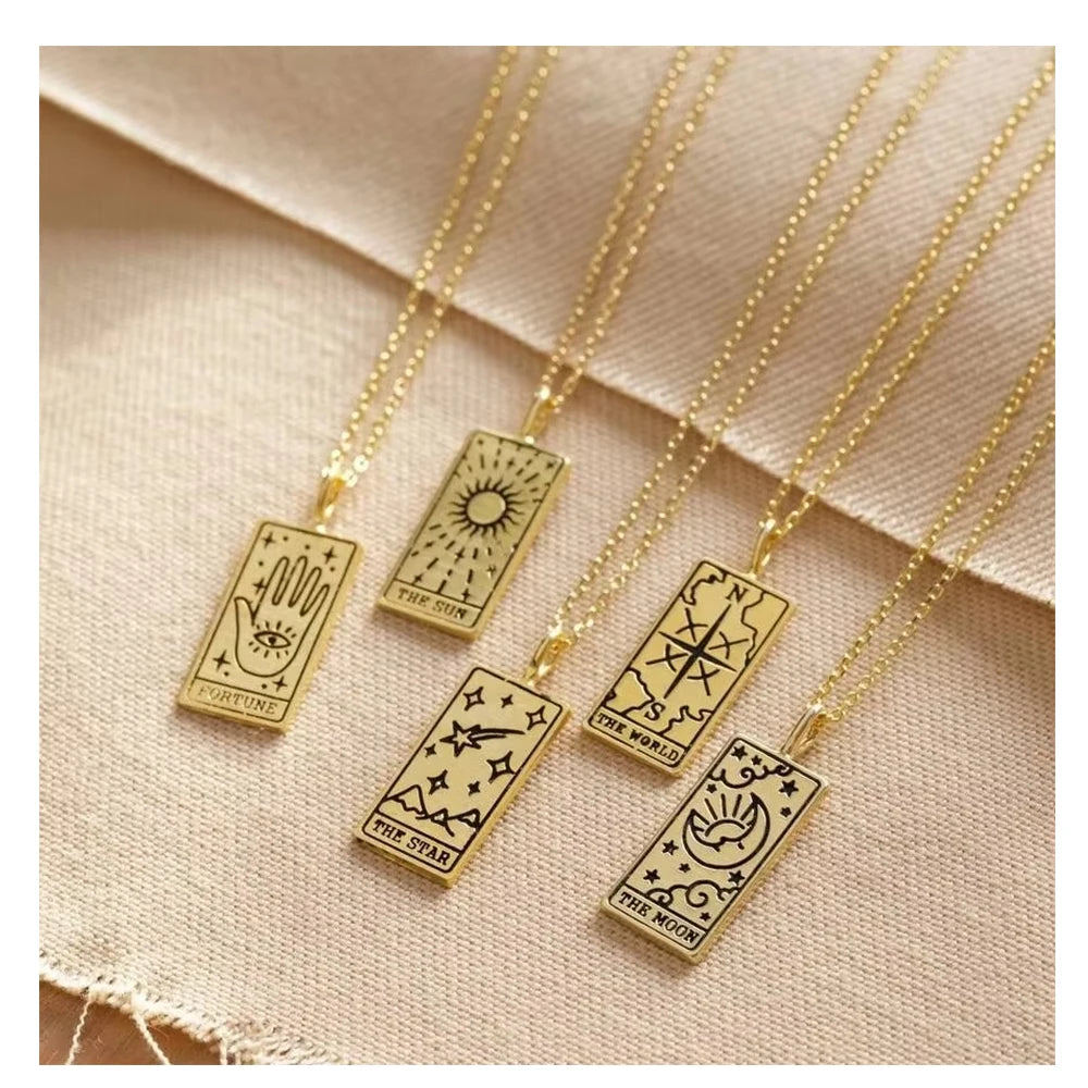 Retro Tarot Card Stainless Steel Pendant Necklace Tarot Card Jewelry 18K Real Gold Plating