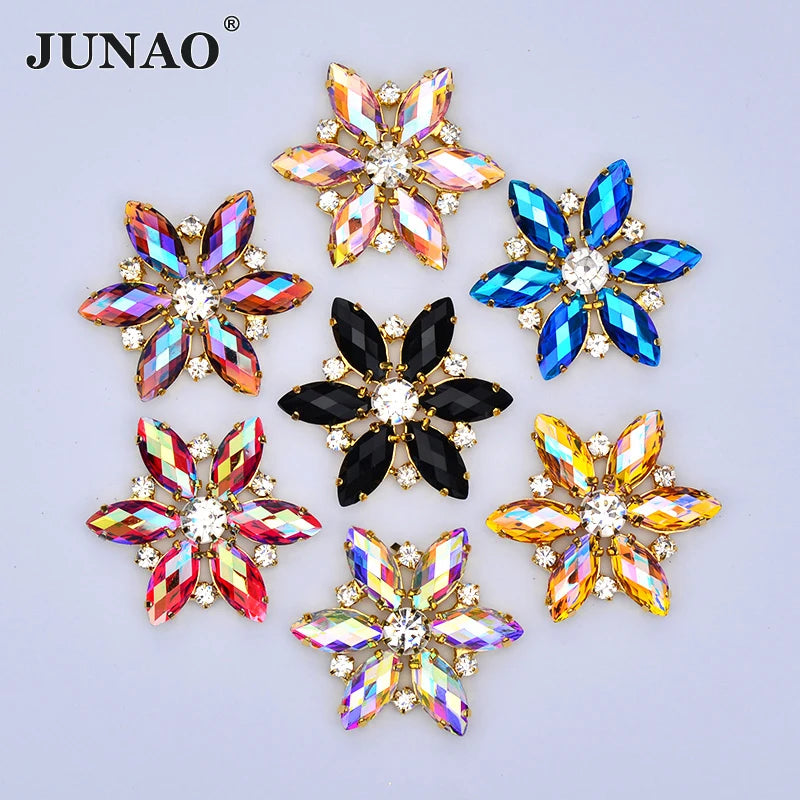 JUNAO Hot Sale 36mm Big Size Gold Claw Glass Rhinestone Flower Applique Sew on Crystal Stones for Wedding Dress