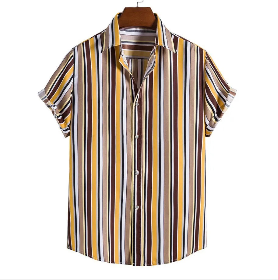 2023 New Men's Loose Large Size Striped Short Sleeve Shirt Factory Direct Sales