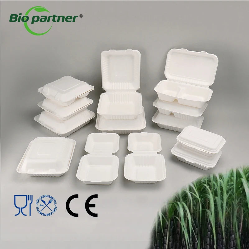Factory Price 2 Compartment Bagasse Lunch Box Food Container Disposable Microwavable Take Away Togo Bento Compostable EU