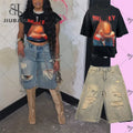 Fashion Women's Set Graphic Short Sleeve T-shirt and Denim Short Pants 2025 Two 2 Piece Sets Outfits