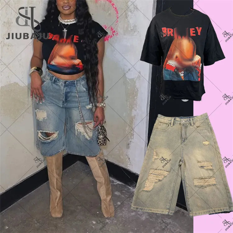 Fashion Women's Set Graphic Short Sleeve T-shirt and Denim Short Pants 2025 Two 2 Piece Sets Outfits