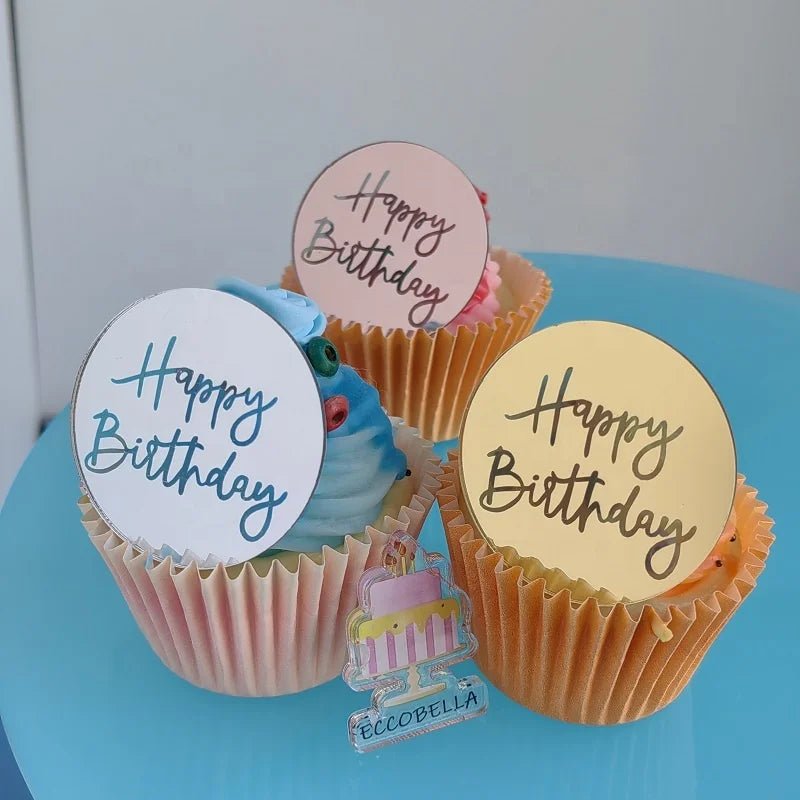 Acrylic Happy Birthday Disc Gift Box Tag Cupcake Topper for Party Cake Decoration