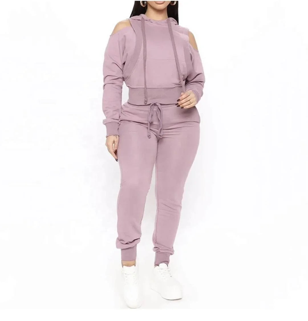 KY Luxury Cropped Hoodie and Sweatpants Set Unisex Plus Size Breathable Solid Pattern Autumn Sweatsuit for Women