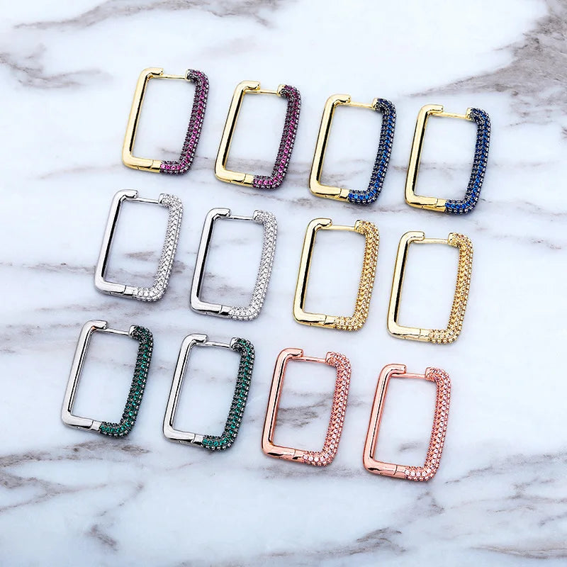 Rectangular Geometric Earrings with Retro Hong Kong Style and Colorful Zircon Inlay Simple and Atmospheric Earrings