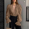 Enyami Autumn Spring Maillard French Office Leisure Petal Long Sleeves Jacquard Chiffon Loose Top Shirts Ladies Women Blouses