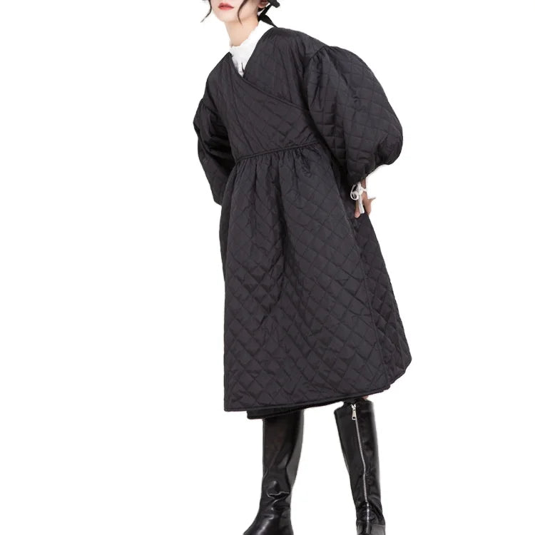 New Korean Women Retro Lantern Sleeve Diamond Embossed Ladies Long Coat