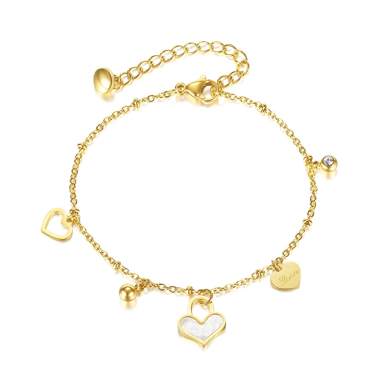 Minimalist Design 18K Gold Plated Sweet Style Love Charm Women's Stainless Steel Cubic Zirconia Heart Shell Hollow Gift Bracelet