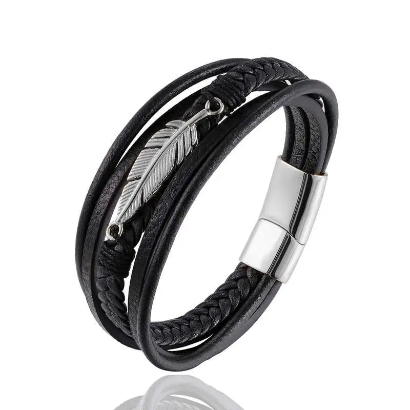 Fashion Multi-layer PU Leather & Stainless Steel Gold Plated Punk Customizable Bracelet for Men Women