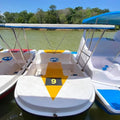 Good Quality Fiberglass Pedal Boat Stainless Tube Handrail Speedboat Style Double Drive Foot Motor Fitness Boat