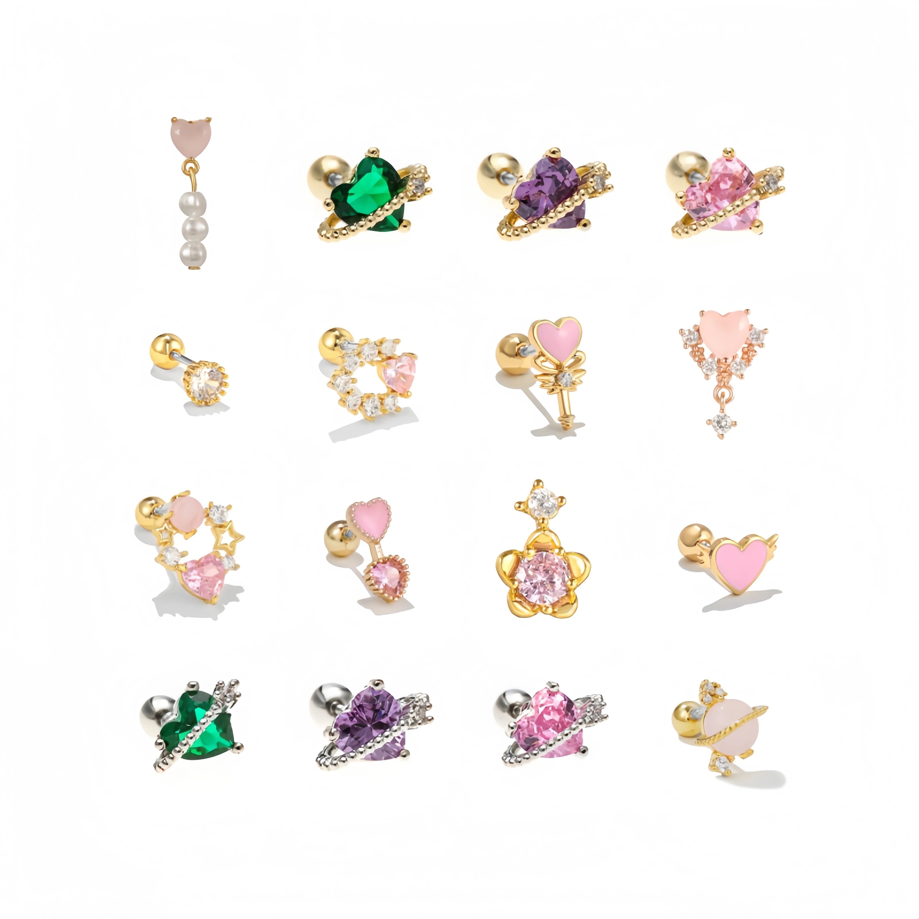 Girls Pink Love Series Earbone Nails 18K Gold Plated Puncture Ear Bone Nail Small Peach Heart Shaped Zircon Stud Earrings