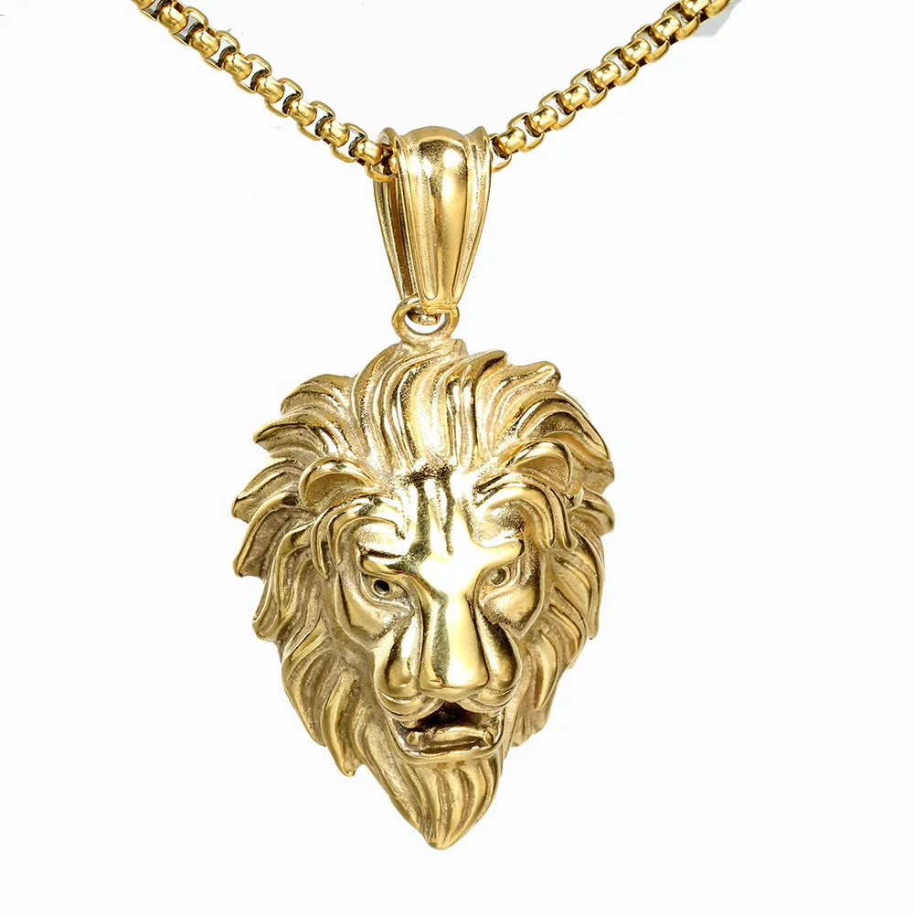 Luxury Male Stainless Steel Gold Silver Color Lion Head Pendant Necklace